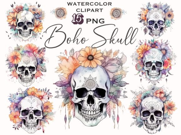 Download Watercolor Floral Boho Skull Clipart - Premium Resources